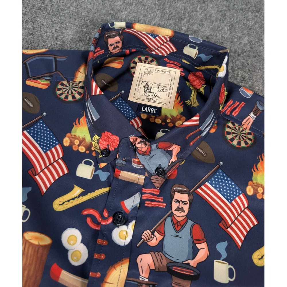 RSVLTS Parks and Rec Ron Swanson Shirt Mens Large Navy Short Sleeve Kunuflex